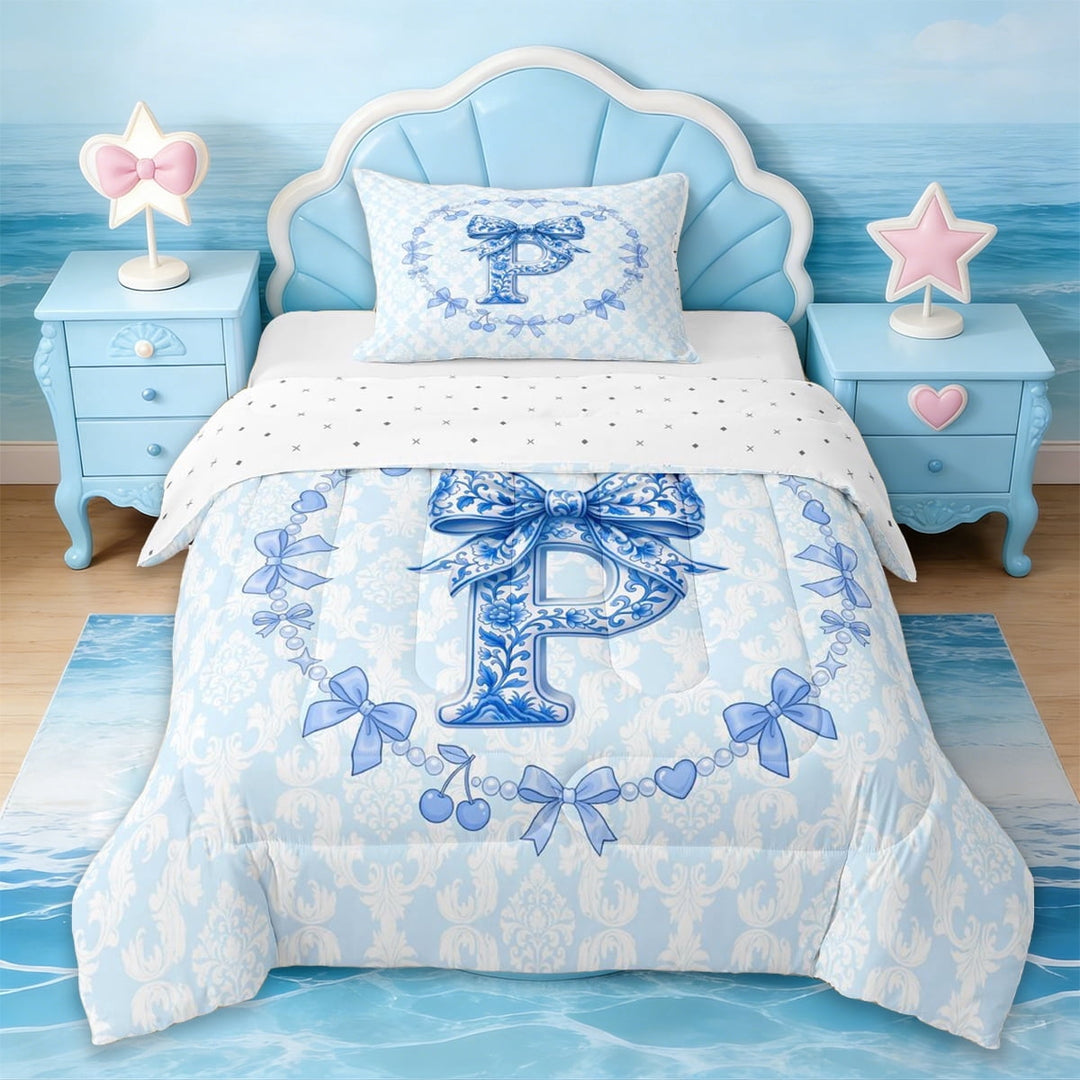 Erosebridal Girls Blue Bowknot Twin Comforter Sets,Blue Letter P Monogrammed Bedding Set For Girls Kids,Reversible,2 Pieces