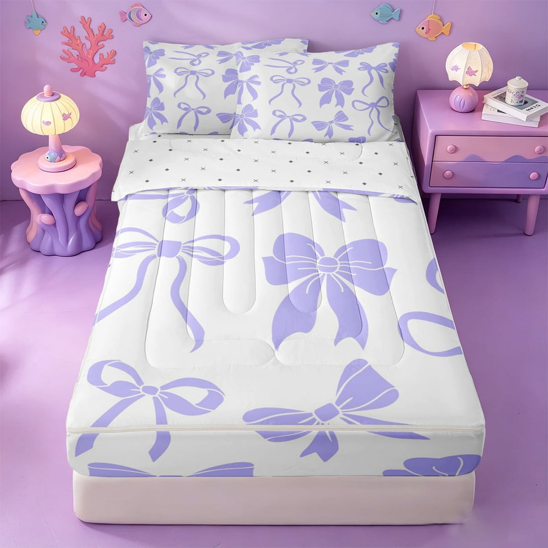 meiyoeat Purple Princess Bowknot Zipper Full Size Comforter Sets with Fitted Sheet and 2 Pillowcases For Kids,Chic Ribbon Bow Tie Zipper Bedding Set For Girls,Reversible,4 Pieces