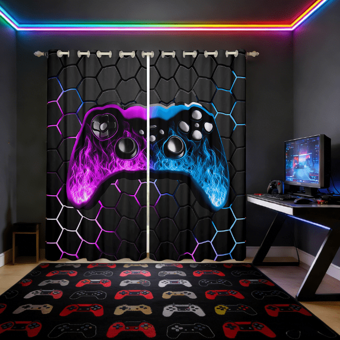 Manfei Gamer Gaming Curtains Pack of 2 (38x45),Vindoe Game Black Out Curtains,Purple Blue Hexagon Curtains for Living Room For Kid Boy,Lightweight Room Decorative