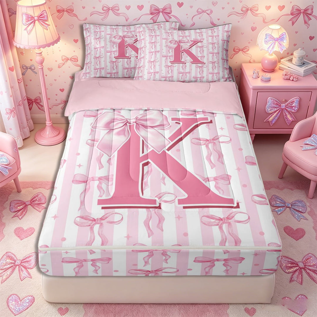 Meiyoeat Charming Bow Letter K Zipper Full Size Comforter Sets with Fitted Sheet and 2 Pillowcases for Girls Preschoolers, Soft Stripe Zipper Bedding Set for Daily,4pcs,Pink Reversible