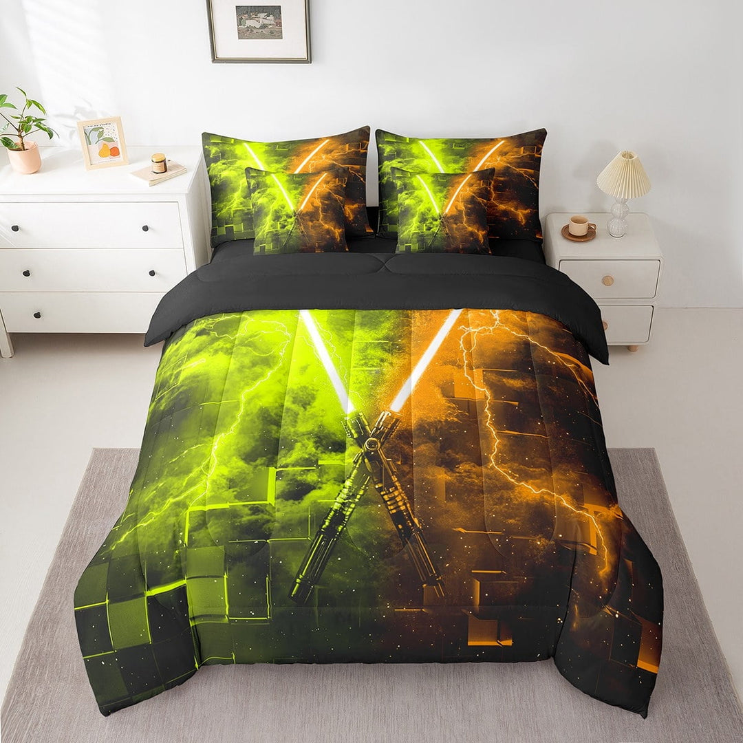 Erosebridal Neon Lightning Bed in a Bag Twin size, Yellow Orange Geometry Bed Set, Lightning Decor, Reversible