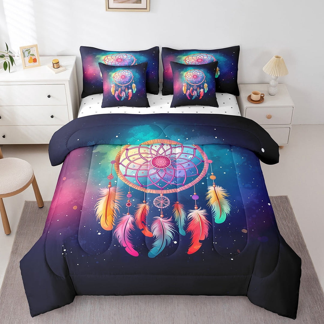 Erosebridal Boho Dream Catcher Comforter Set Full 7 Piece Teal Purple Galaxy Dreamcatcher Bed in a Bag,Bohemian Starry Sky Bedding Set with 2 Sheets,2 Pillowcases,2 Throw Pillow Covers