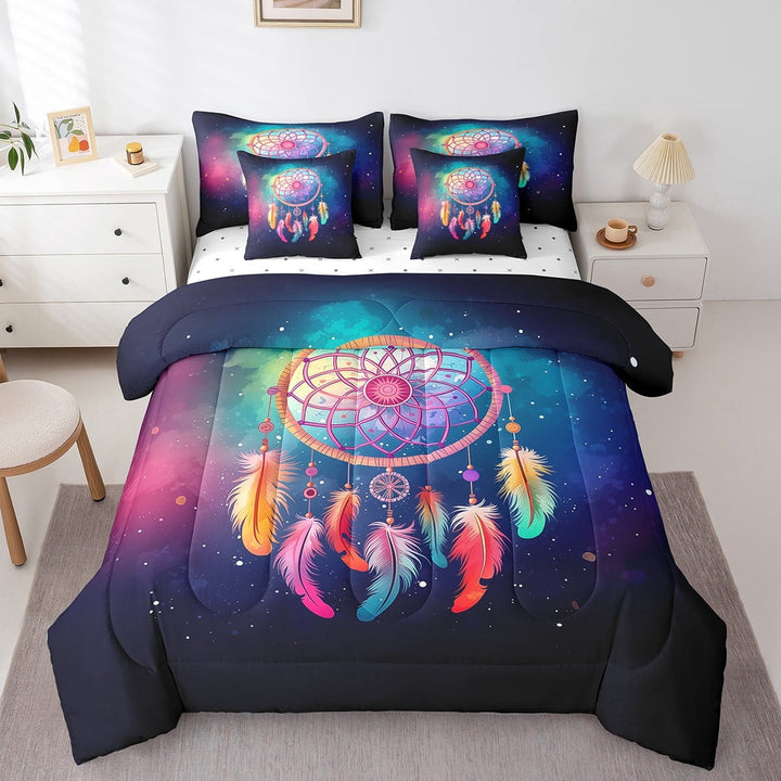 Erosebridal Boho Dream Catcher Comforter Set Full 7 Piece Teal Purple Galaxy Dreamcatcher Bed in a Bag,Bohemian Starry Sky Bedding Set with 2 Sheets,2 Pillowcases,2 Throw Pillow Covers