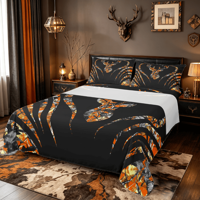 Manfei Jungle Deer Skull Twin Sheet Sets,Hunting Camo Twin Fitted Sheet,Orange Black Flat Sheet For Kids,Super Cozy Room Decor,3-Piece
