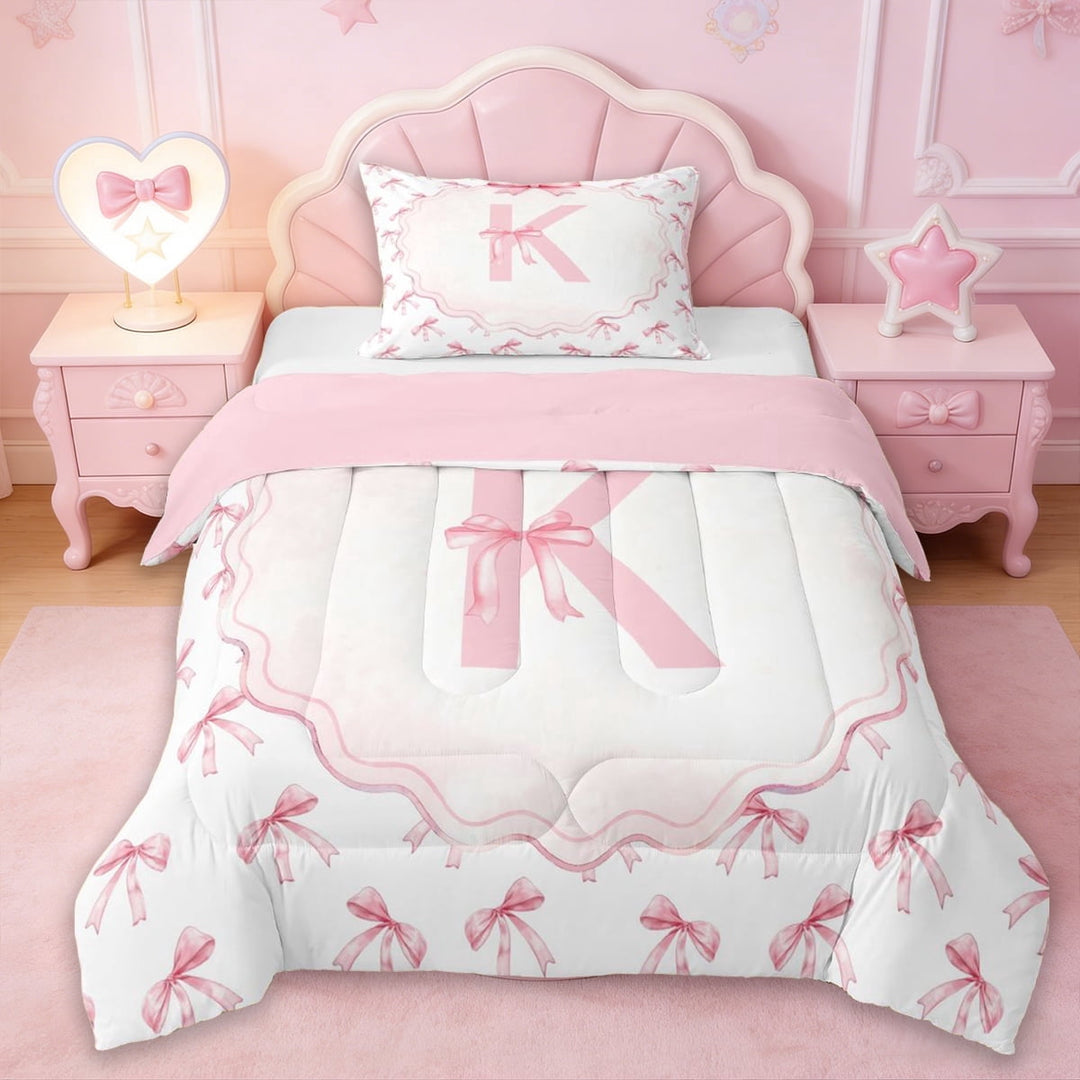 Erosebridal Kawaii Bowtie Bow Twin Comforter Sets,Pink 3D Monogrammed K Bedding Set For Girls Kids,Reversible pink,2pcs