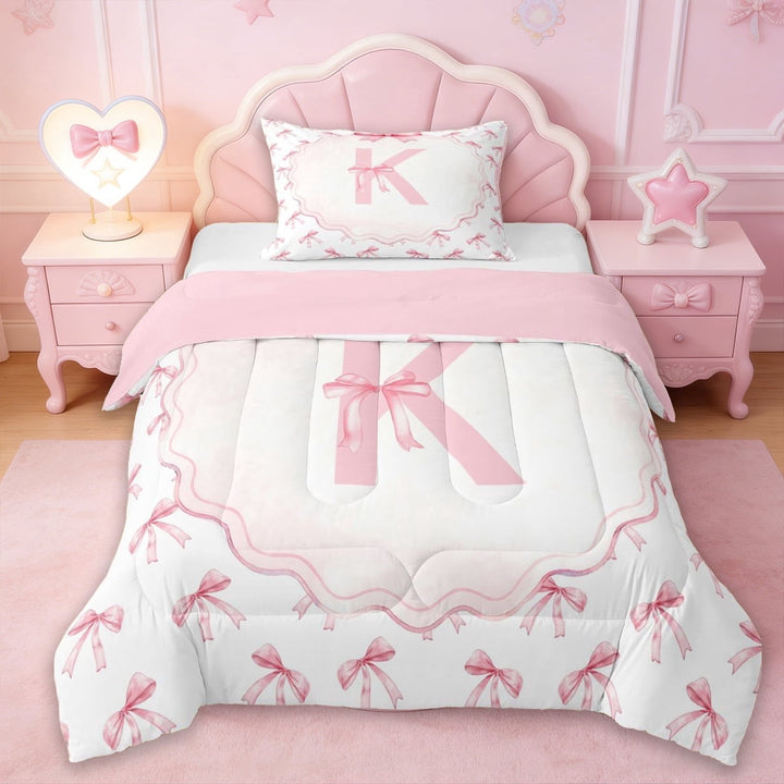 Erosebridal Kawaii Bowtie Bow Twin Comforter Sets,Pink 3D Monogrammed K Bedding Set For Girls Kids,Reversible pink,2pcs
