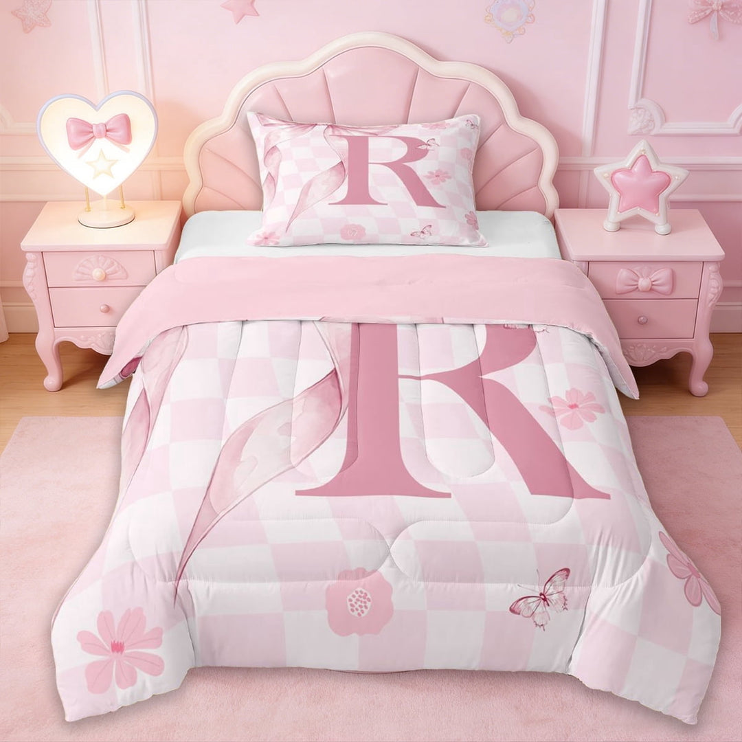 Erosebridal Twin Comforter Sets,Letter R Monogrammed Bedding Set For Girls Kids,Reversible pink,2-Piece