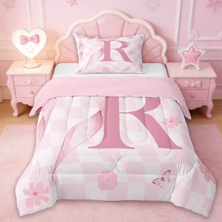 Erosebridal Twin Comforter Sets,Letter R Monogrammed Bedding Set For Girls Kids,Reversible pink,2-Piece