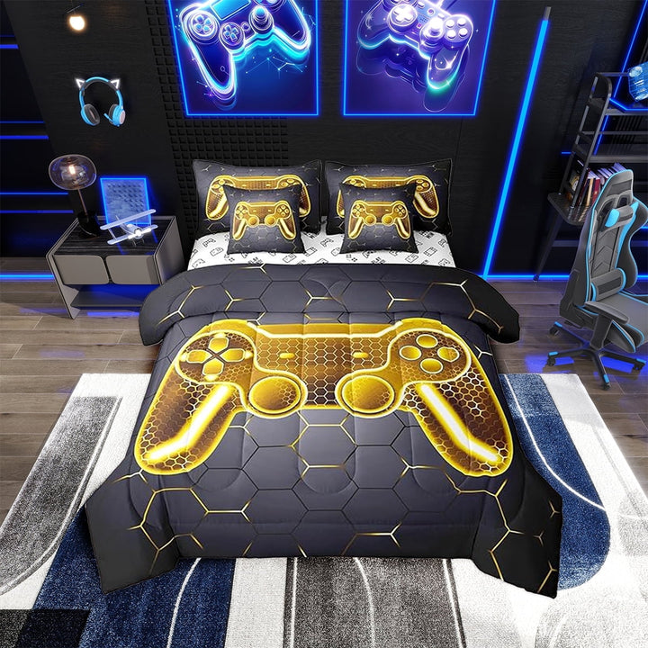 Erosebridal Gamer Comforter Set with Sheets Teens Game Controller Bed in a Bag Gaming Gifts 7 Piece Bedding Set Twin Size for All Season,Gold Bed Set