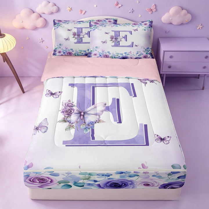 meiyoeat Purple Initial Letter E Zipper Full Size Comforter Sets with Fitted Sheet and 2 Pillowcases For Girls,Vintage Floral Monogram Art Zipper Bedding Set,Pink Reversible,4pcs