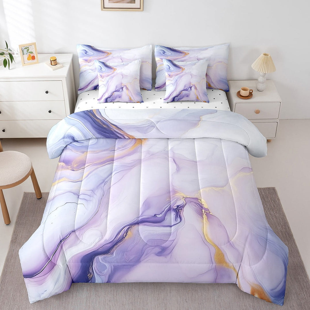 Marble Twin Comforter Set 7 Piece Purple Gold Abstract Marbling Bedding Set Watercolor Marble Art Bed In A Bag With Sheets For Adult Women,Aesthetic Marble Print Bed Set