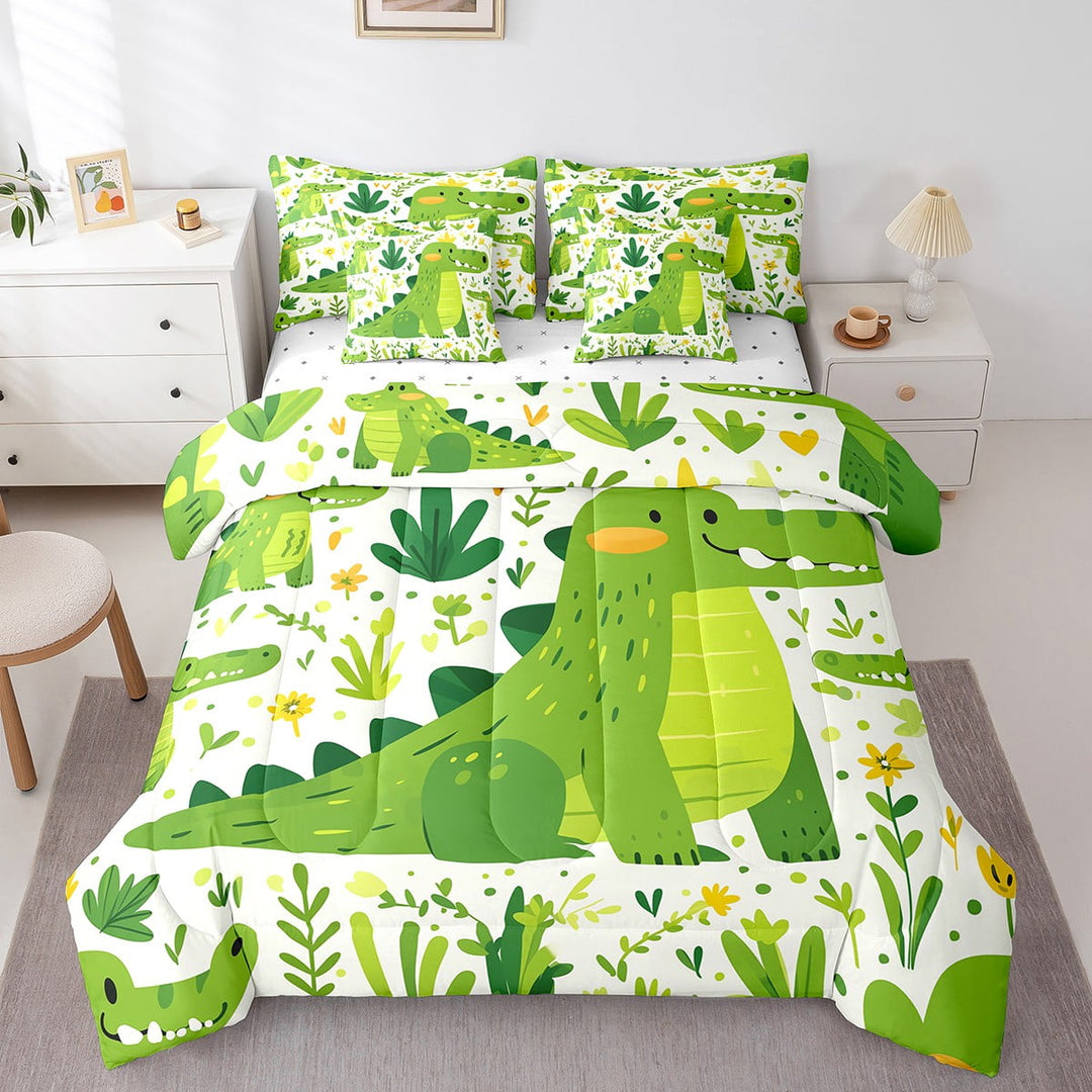 Funny Crocodile Bedding Comforter Sets 7pcs Cartoon Wildlife Bed in a Bag Botanical Floral King Bedding Sets Cute Animal Comforter Set Flower Grass Leaf Bedding Sets &amp; Collections