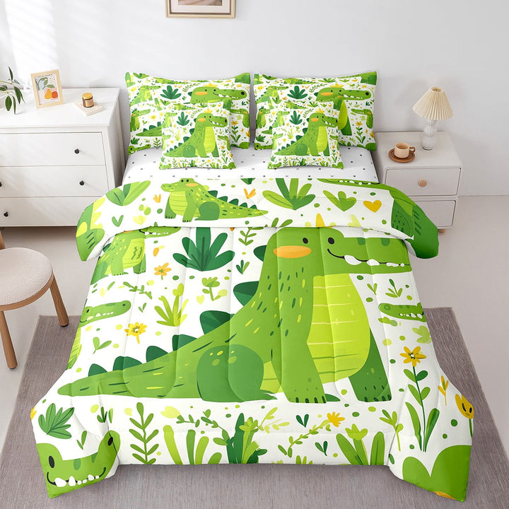 Funny Crocodile Bedding Comforter Sets 7pcs Cartoon Wildlife Bed in a Bag Botanical Floral King Bedding Sets Cute Animal Comforter Set Flower Grass Leaf Bedding Sets &amp; Collections