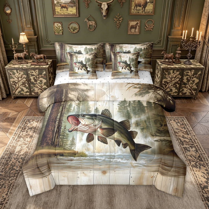 meiyoeat Hunting Bass Fish Animal Full Size Bedding Sets for Men Boys, Retro Lake House Full Size Bed in a Bag, Green Brown, Reversible, 7-Piece