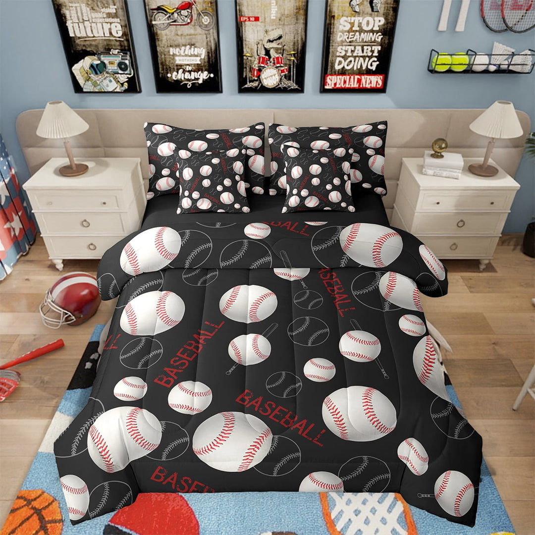 Erosebridal Baseball Bedding Sets Twin Size,Sport Theme Comforter Sets with Sheets,Black Reversible,7pcs