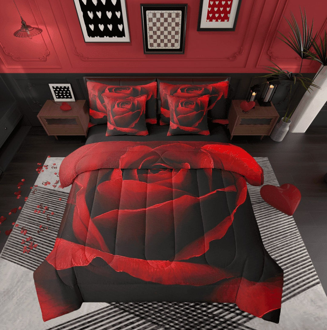 Red Rose 7 Piece Bed in a Bag Queen,Romantic Floral Red and Black Bedding Set Bed Sheets Women Couple,Valentine&