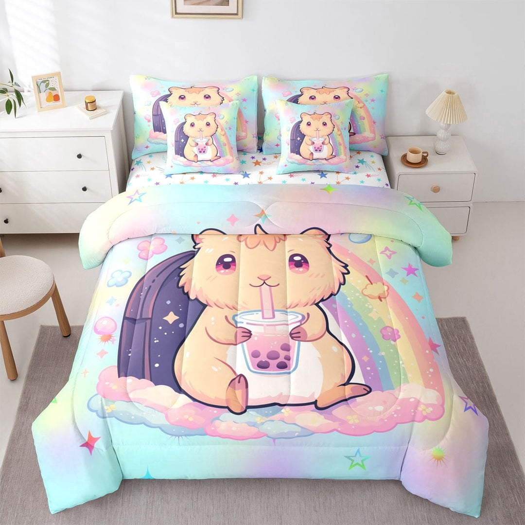 Erosebridal Cartoon Capybara Bubble Tea Twin Bedding Sets 7-Piece For Boys Girls,Cute Rainbow Animal Bedding Comforter Set For Kids,Microfiber Bedroom Decor