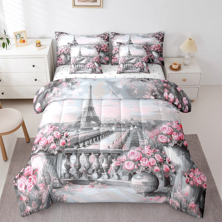 Eiffel Tower Bedding Set Twin 7 Piece Bed In A Bag, Paris French Style Comforter Set Pink Flower Romantic Floral Bed In A Bag City Building Sheet Set With Comforter, Pillow Cases