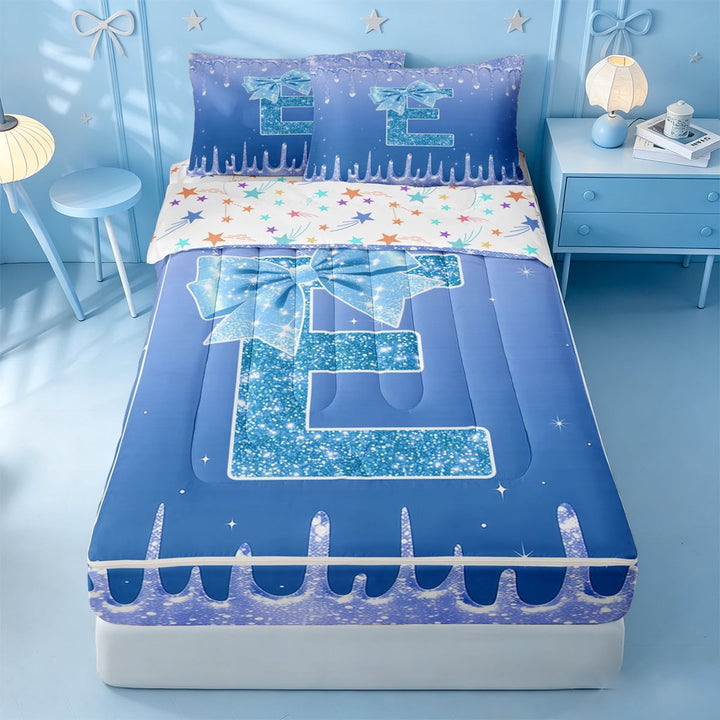 meiyoeat Blue Ice Initial E Zipper Full Size Comforter Sets with Fitted Sheet and 2 Pillowcases,Cute Bow Sparkle Print Monogram Art Zipper Bedding Set For Girl,Colorful Stars Reversible,4 Pieces