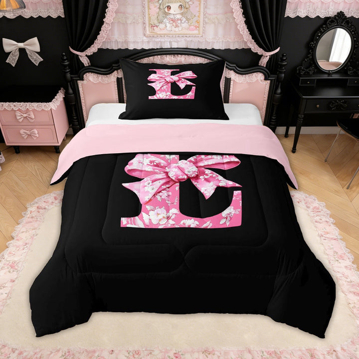 Erosebridal Pink Floral Letter L Bow Twin Comforter Sets for Girls Women, Princess Bowknot Bedding Set, Reversible, 2 Pieces