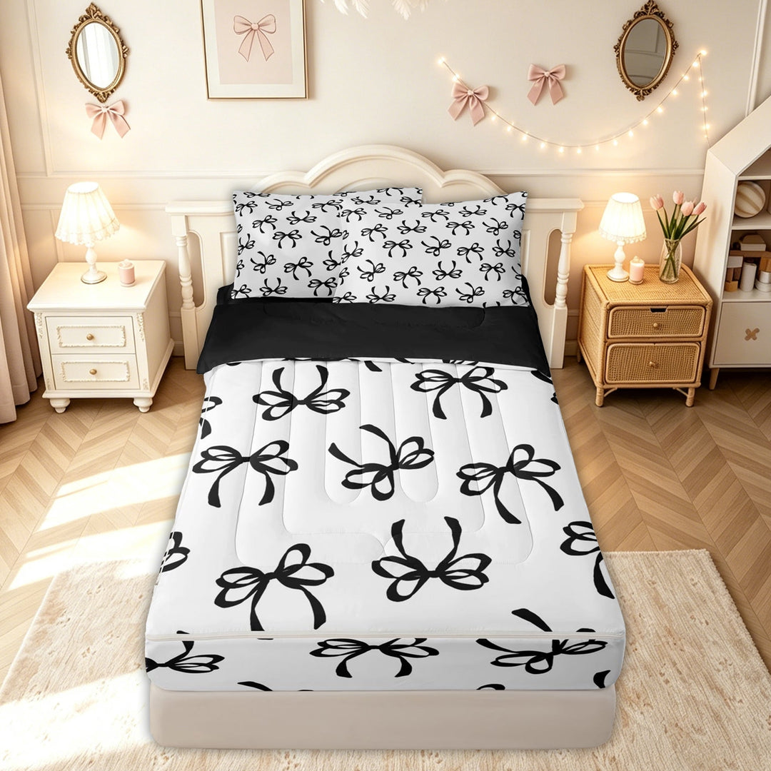 meiyoeat Minimalist Cartoon Bow Zipper Full Size Comforter Sets with Fitted Sheet and 2 Pillowcases for Kids Girls, Ribbon Zipper Bedding Set for Dorm, Black White, Black ReversibleG