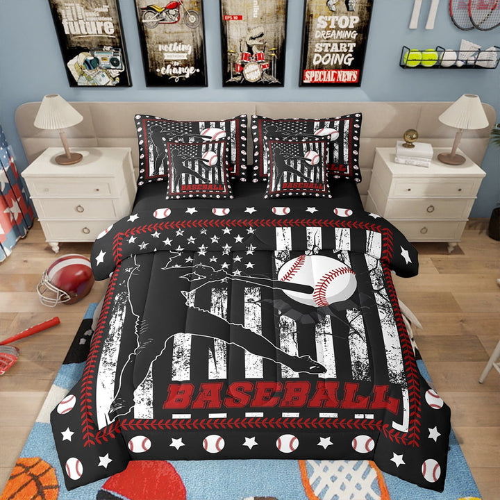 Erosebridal Baseball Full Size Comforter 7 Pieces Teens Vintage Amercian Flag Bedding Set Sports Games Themed Sheet Set Patchwork Stripe Flat Sheet,Black Red