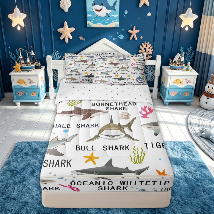 meiyoeat Shark Educational Sea Zipper Comforter Set with Fitted Sheet and 2 Pillowcases for Boys Girls, Kawaii Coral Ocean Animal Zipper Bedding Set, Blue, Reversible, 3-Piece