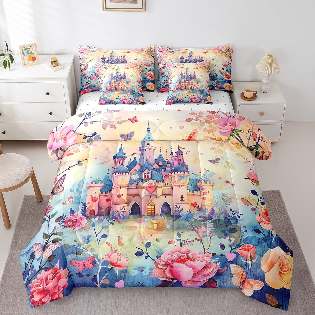 Fairy Tales Bed in a Bag 7-Piece Dreamy Castle Bedding Set, Princess Full Size Comforter Set Watercolor Butterfly Floral Bedding Comforter Sets, Spring Garden Flower Bed Set