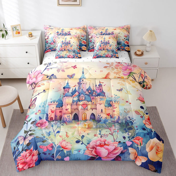 Fairy Tales Bed in a Bag 7-Piece Dreamy Castle Bedding Set, Princess Full Size Comforter Set Watercolor Butterfly Floral Bedding Comforter Sets, Spring Garden Flower Bed Set