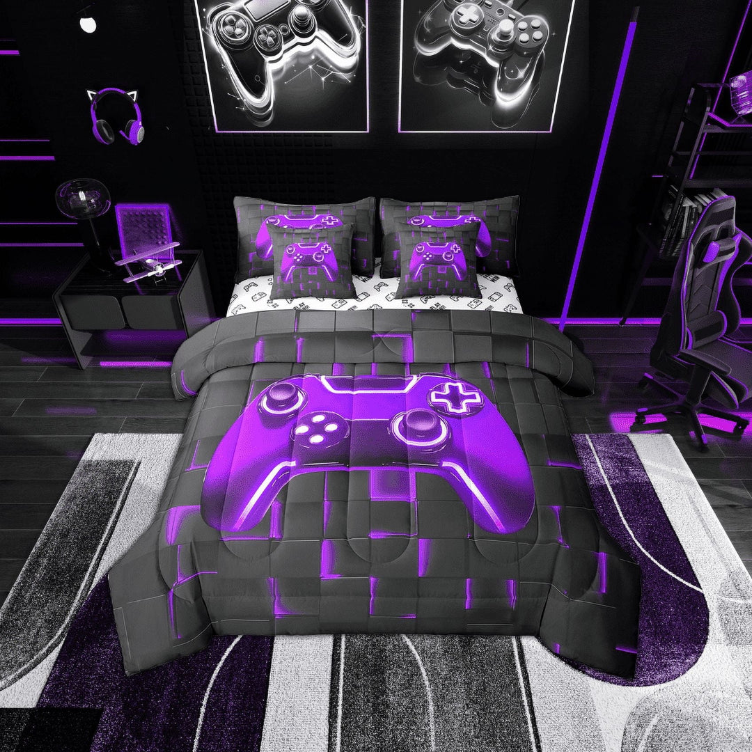 Erosebridal Video Game Bedding Sets Twin Size, Neon Purple Gamepad Comforter Sets with Sheets, Contemporary Buffalo Room Decoration, Reversible 7-Piece