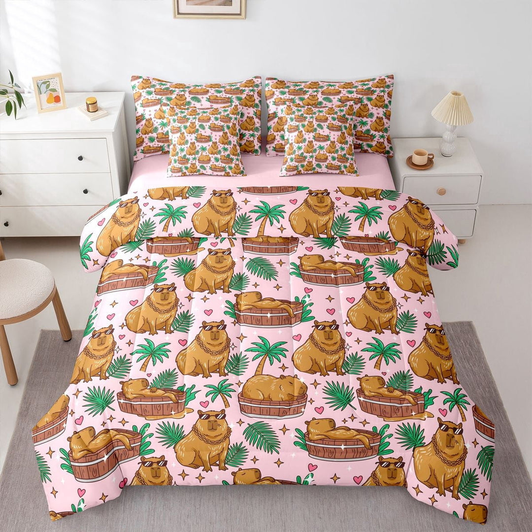 Erosebridal Kawaii Animal Capybara Twin Bedding Sets 7-Piece For Boys Girls,Kids Palm Tree Summer Holiday Bedding Comforter Set,Pink Reversible