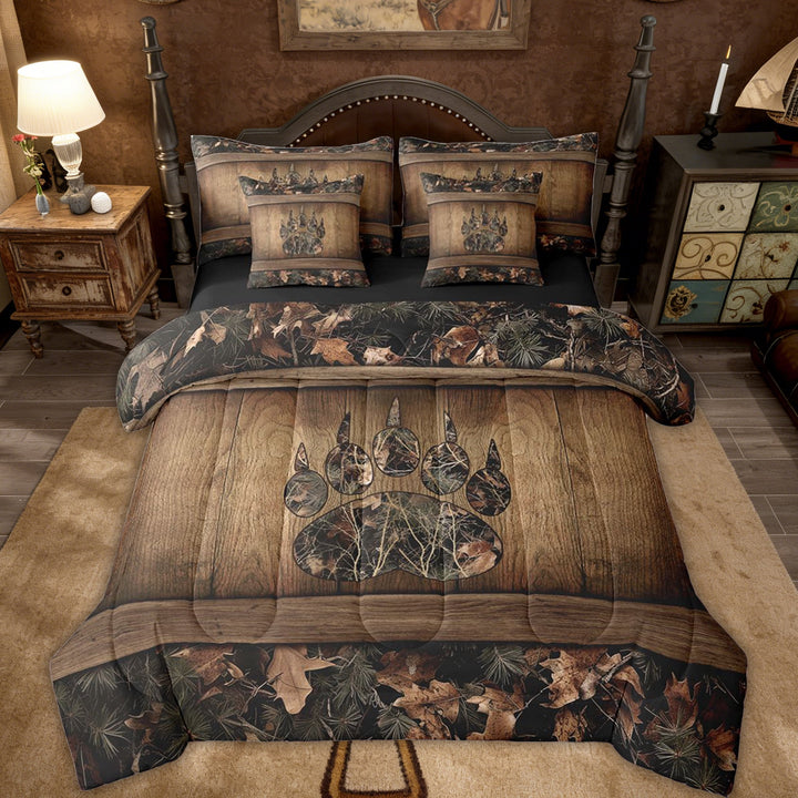 Erosebridal 7 Piece Camo Bear Paw Bed In A Bag Hunting Woodland Wildlife Bedding Set Twin,Camouflage Rustic Cabin Comforter Set Farmhouse Woodland Board Animal Sheet Set With Comforter