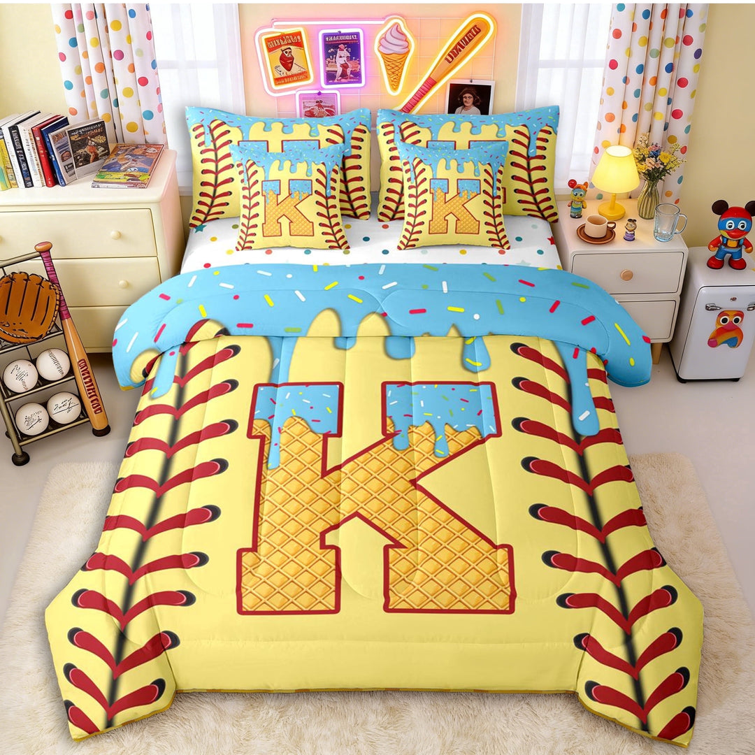 Erosebridal Light Blue Dripping Baseball Stitch &amp; Waffle Letter K Graphic Twin Bedding Sets 7-Piece, Alphabet Graphic Bedding Comforter Set for Boys And Girls Kids,Breathable Home Decor