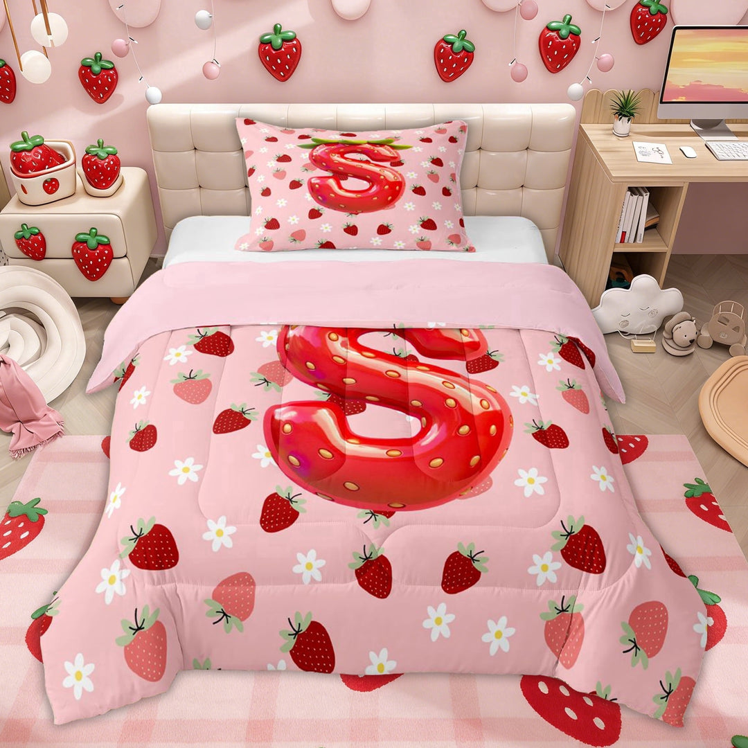 Erosebridal Strawberry Monogrammed S Twin Comforter Sets for Kids, Girls Pink Red Cartoon Bedding Set, Pink Reversible, 2pcs