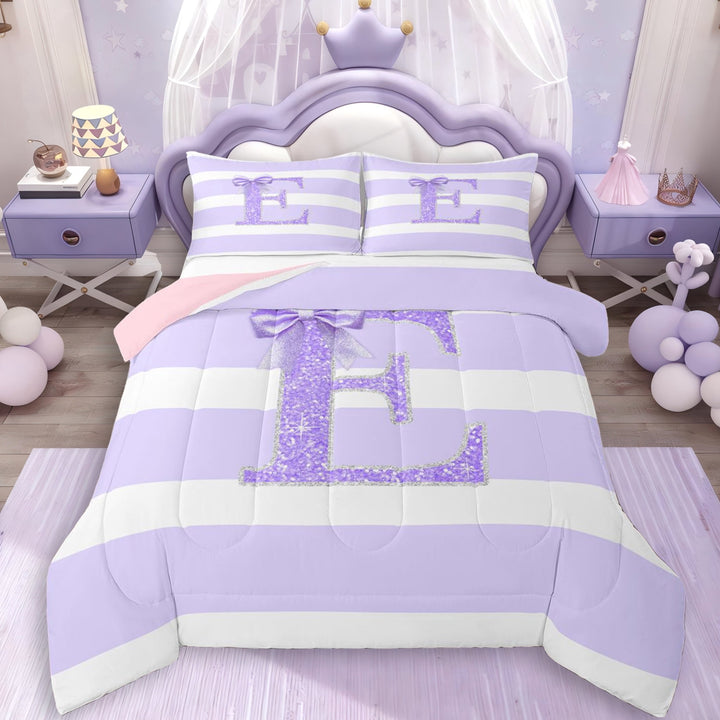 Erosebridal Glitter Print Personalized Initial E Girl Full Size Comforter Sets 3 Pieces,Kids Teens Purple Bow Geometric Stripes Bedding Sets,Pink Reversible