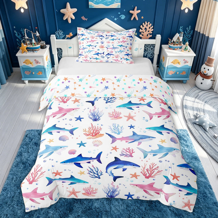 meiyoeat Watercolor Shark Bedding for Kids Girls, Coral Starfish Duvet Cover Full for Bedroom, Multicolor, Colorful Star Reversible, 3 Pieces