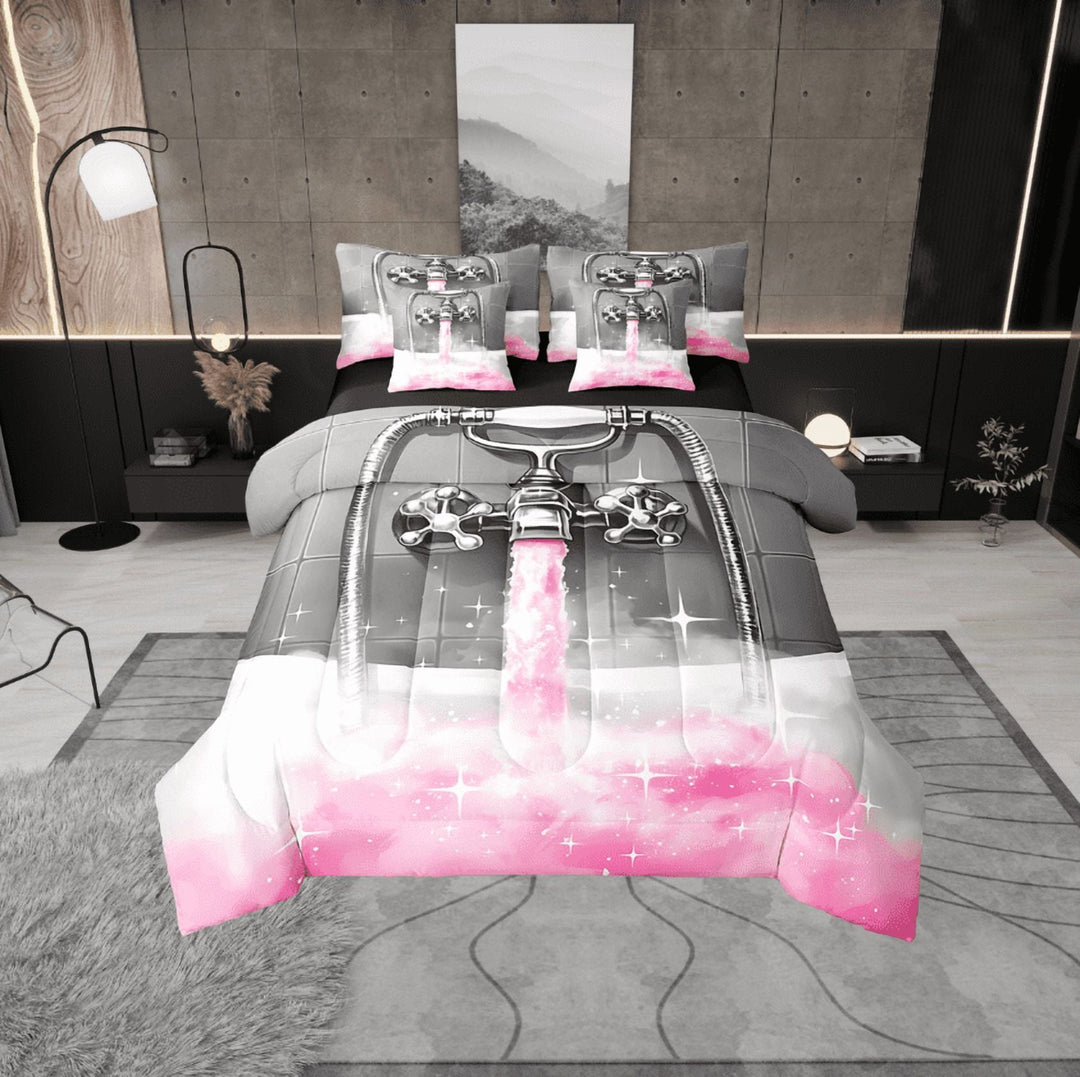 Erosebridal Glitter Showerhead Bedding Sets Twin Size,Dreamy Princess Comforter Sets with Sheets,Pink Grey Bed in a Bag Twin size,Lightweight Bling Bedroom Decoration,Reversible,7-Piece