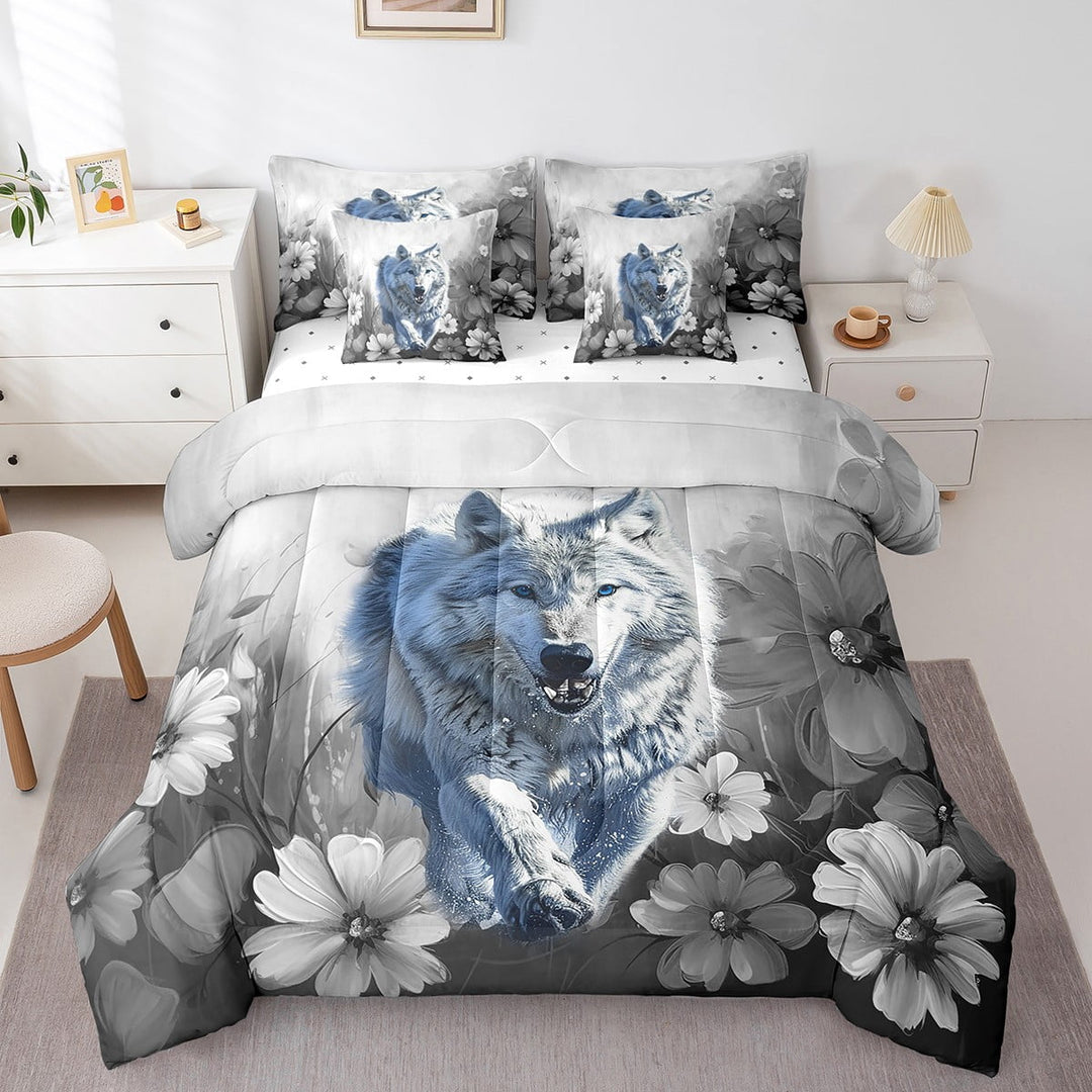 Wolf Bed in a Bag Queen Comforter Set 7 Piece Daisy Flowers Bedding Sets,Blue Purple Ombre Oil Painting Sheet Set with Comforter Graffiti Art Western Animals Butterfly Bohemian Decor