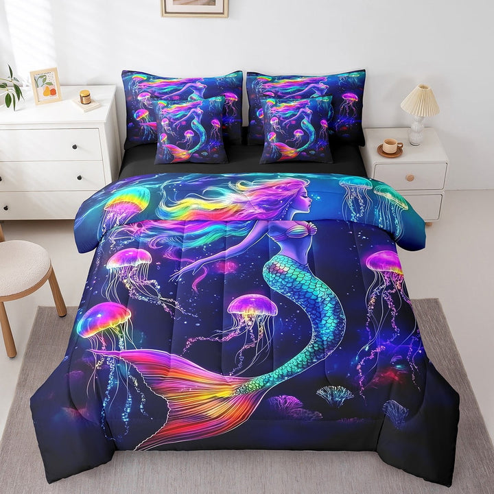 Erosebridal Mermaid Bed in a Bag Twin Size Comforter Sets for Girls, Neon Sealife Jellyfish Bed Set, Kids Princess Sheets, Black Reversible, 7pcs