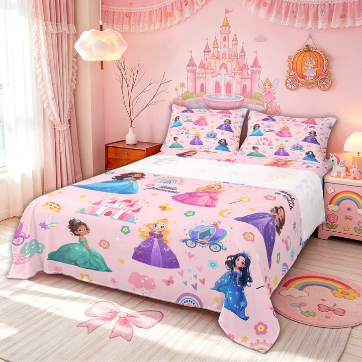 meiyoeat Cute Princess Castle Bed Sheets for Kids Girls, Magical Rainbow Flower Full Size Sheets, Pink, 4-Piece