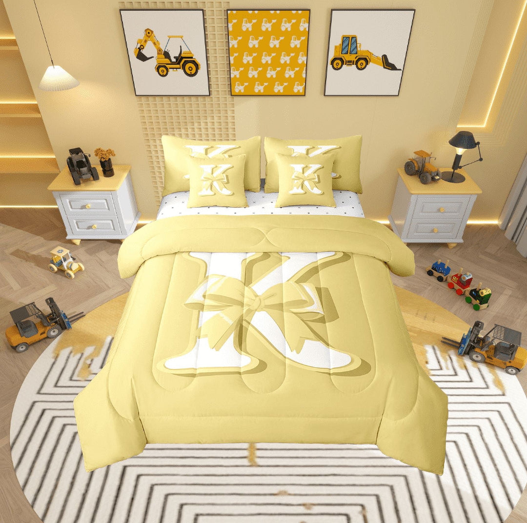 Erosebridal Initial Letter K Bed in a Bag Twin size, Yellow Bed Set, Kawaii Bow-tie Reversible Bedding Twin Size, Lightweight Room Decorative, 7 Pieces