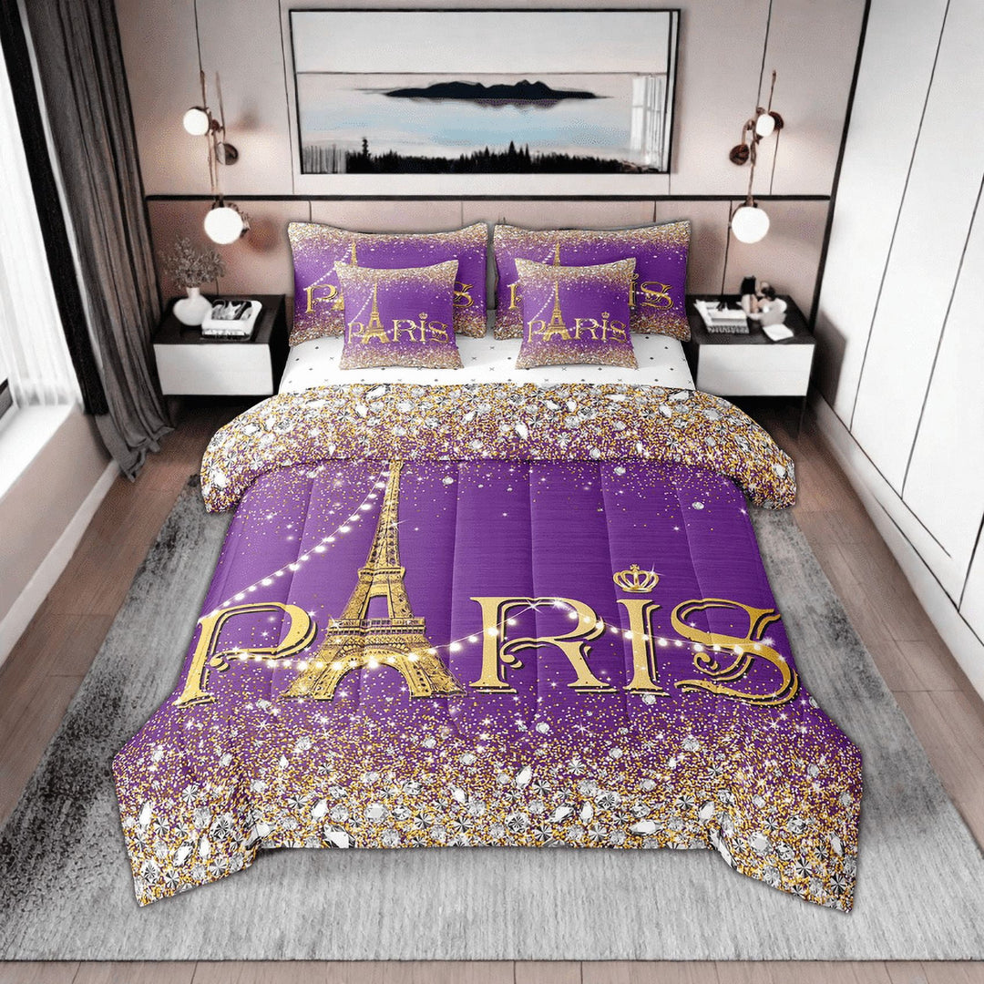 Erosebridal Eiffel Tower Comforter Set Twin Women,Glitter Purple Golden Sequins Bed in A Bag,(Not Real)Diamond Bedding Sets,Girly Paris Reversible Bed Sets with Sheet Set