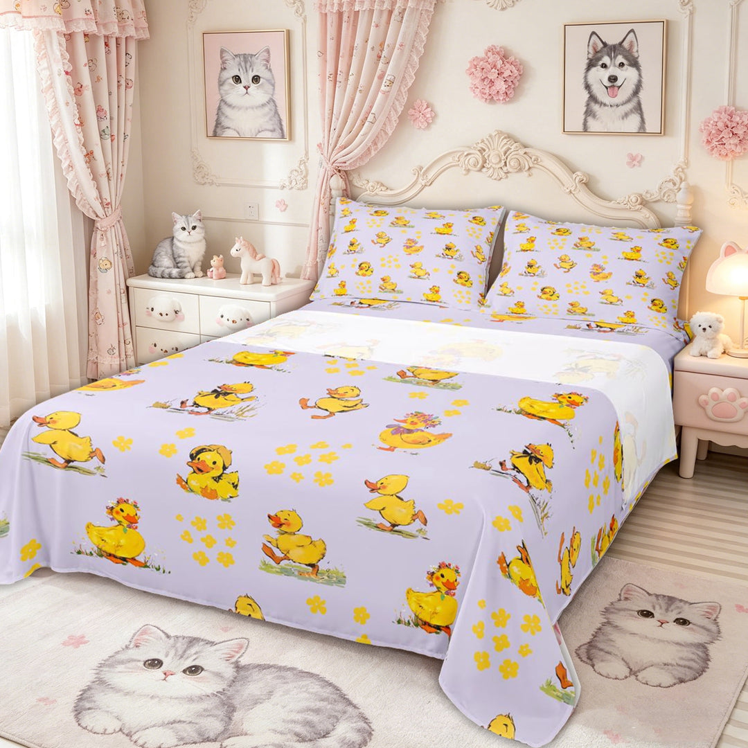 meiyoeat Adorable Duck Bed Sheets for Kids Girls, Watercolor Floral Full Size Sheets for Bedroom, Purple, 4pcs