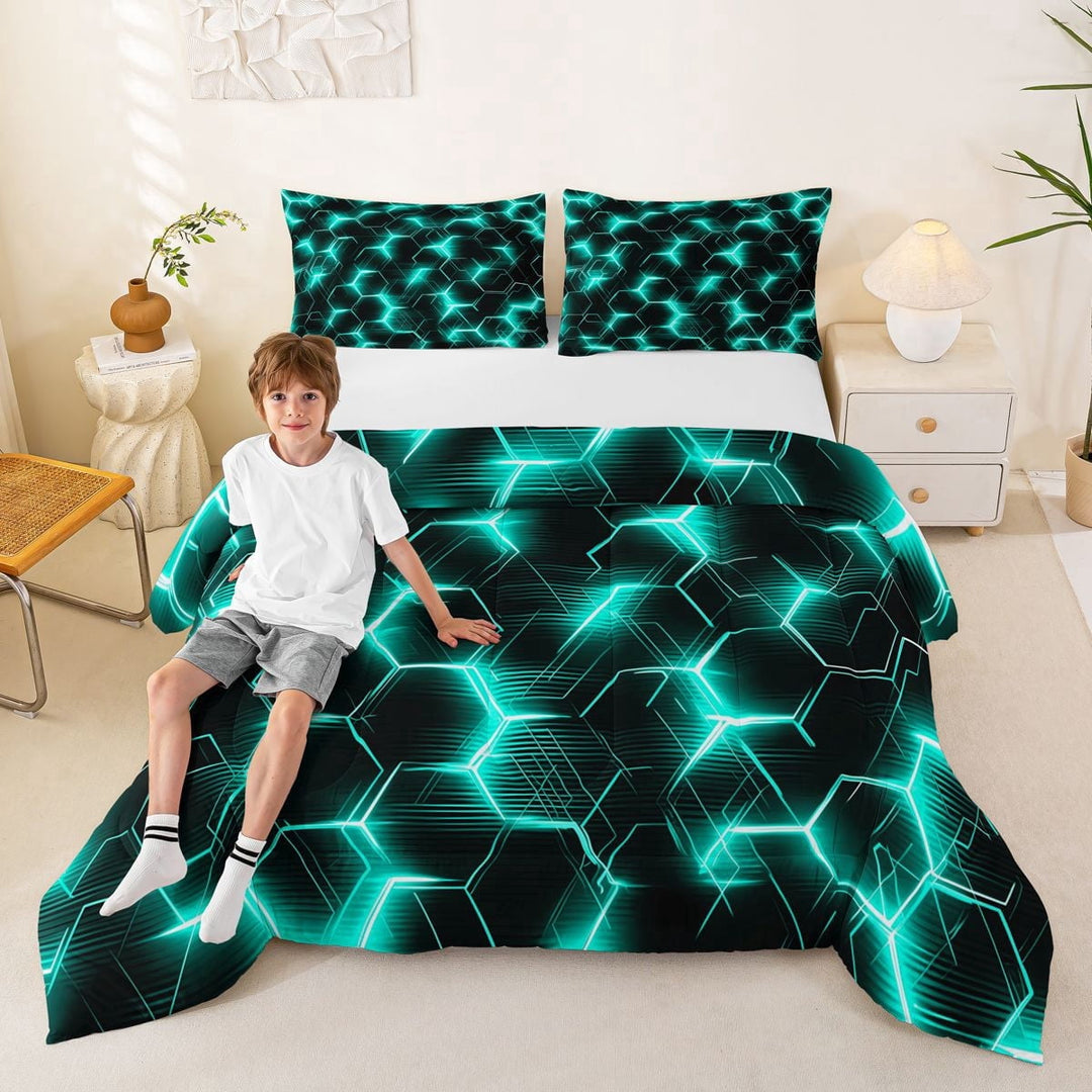 Manfei Futuristic Hexagon Full Size Comforter Sets, Teal Neon Honeycomb Bedding Comforter Set, Teal Black, Black Reversible 3pcs, 1 Comforter and 2 Pillowcases