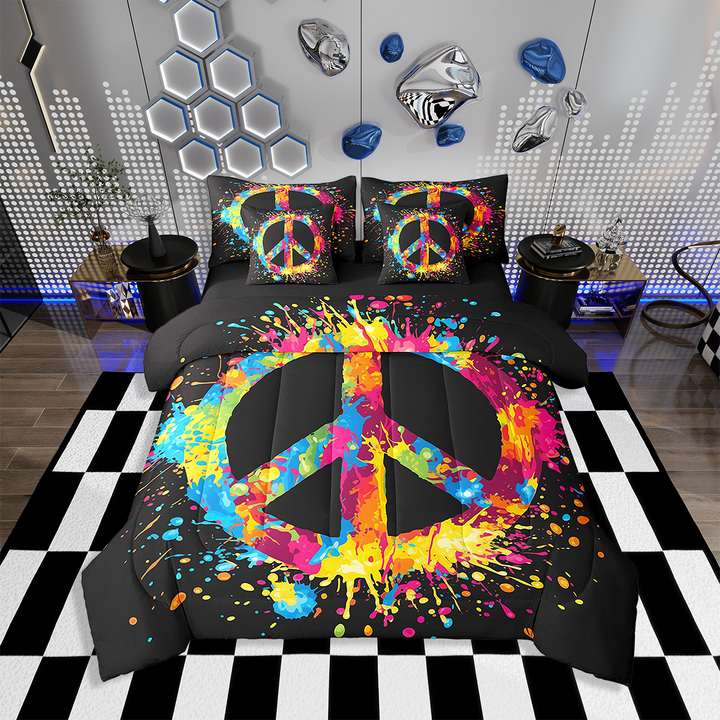 Peace Symbol Bed In A Bag With Sheets Twin 7 Piece Peace Sign Comforter Set Rainbow Tie Dye Bedding Set Adults Reversible Hippie Style Bed Set With Comforter
