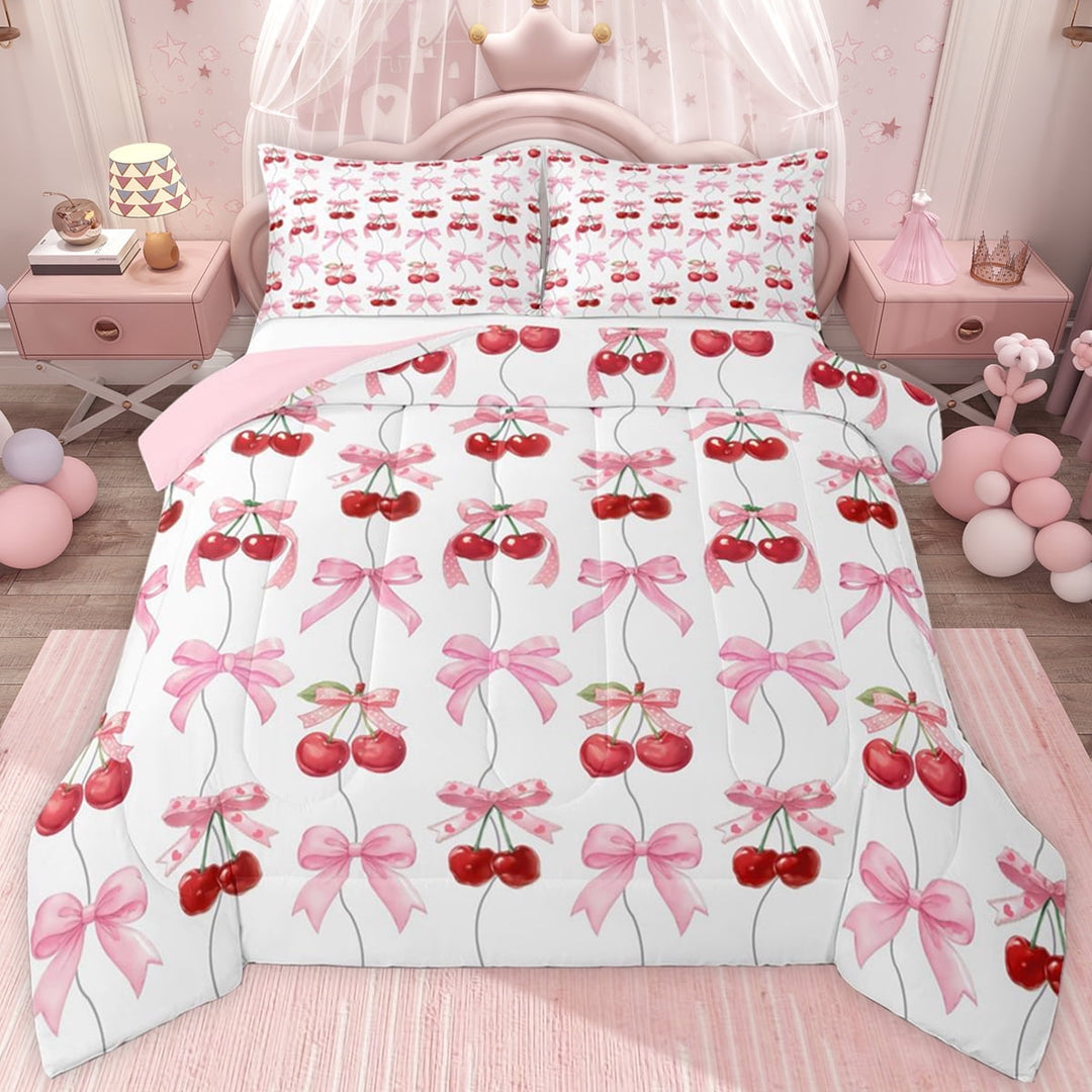 jejeloiu Pink Ribbon Bowknot Twin Comforter Sets,Red Cute Cherry Bedding Set For Girls Kids Reversible 2pcs