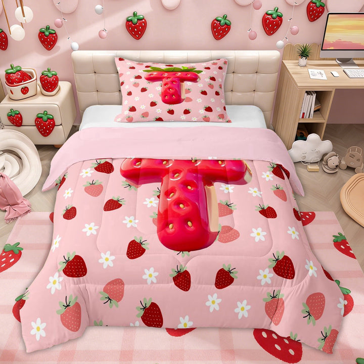 Erosebridal Pink Strawberry Kids Twin Comforter Sets, Cute Princess Initial T Bedding Set, Pink Reversible, 2-Piece
