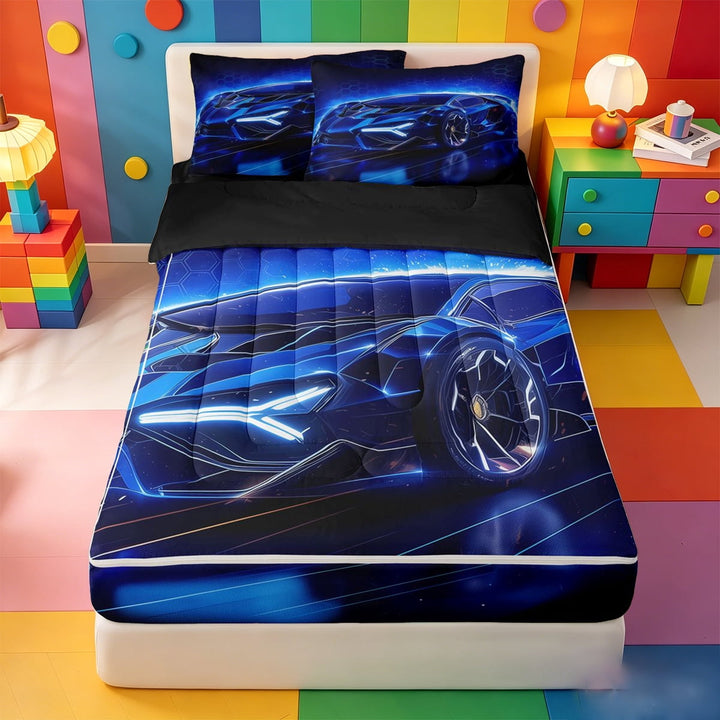 meiyoeat Blue Racing Car Zipper Full Size Comforter Sets with Fitted Sheet and 2 Pillowcases For Boys Kids,Outdoor Extreme Sports Zipper Bedding Set For Speed Games Lovers,Black Reversible,4-Piece