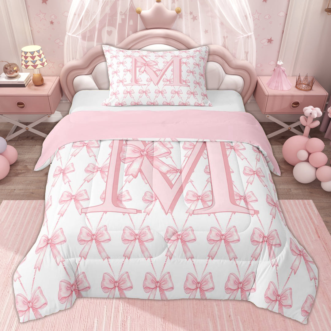 Erosebridal Princess Bow Letter Twin Comforter Sets for Kid, Monogrammed M Bedding Set, Pink, 2-Piece