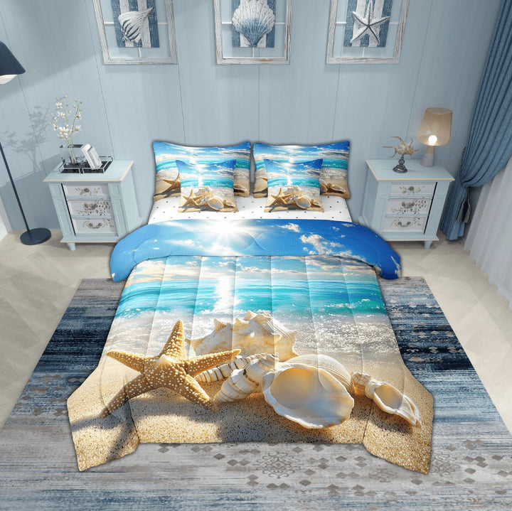 Erosebridal 3D Starfish Bedding Twin Size, Kawaii Seashell Bed Set, Ocean Beach Bedding Sets Twin Size, Super Cozy Room Decoration, 7-Piece